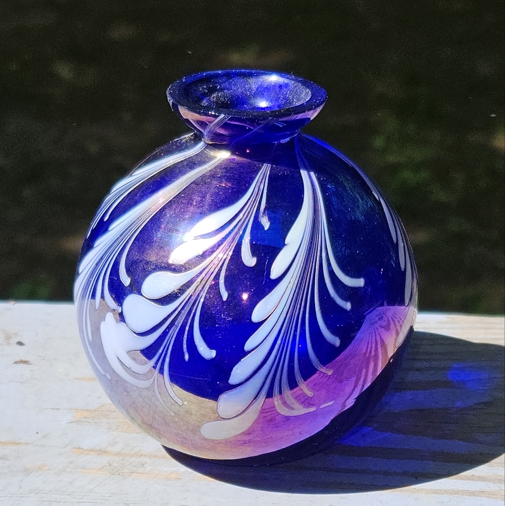 Art Glass Perfume Bottle Blue and Purple And White Irredescent Bottle